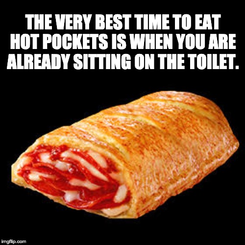 I dropped my hot pocket | THE VERY BEST TIME TO EAT HOT POCKETS IS WHEN YOU ARE ALREADY SITTING ON THE TOILET. | image tagged in i dropped my hot pocket | made w/ Imgflip meme maker