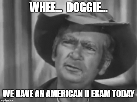 Jed Clampett | WHEE...  DOGGIE... WE HAVE AN AMERICAN II EXAM TODAY | image tagged in jed clampett | made w/ Imgflip meme maker