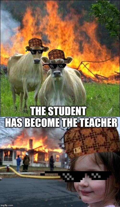 THE STUDENT    HAS BECOME THE TEACHER | image tagged in memes,disaster girl,evil cows | made w/ Imgflip meme maker