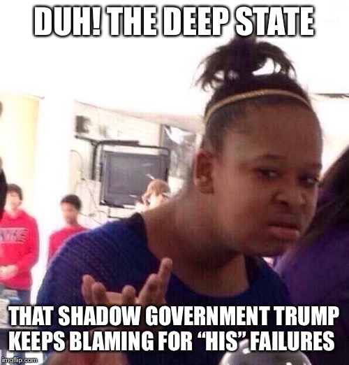 Black Girl Wat Meme | DUH! THE DEEP STATE THAT SHADOW GOVERNMENT TRUMP KEEPS BLAMING FOR “HIS” FAILURES | image tagged in memes,black girl wat | made w/ Imgflip meme maker