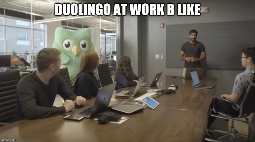 Duolingo office | DUOLINGO AT WORK B LIKE | image tagged in duolingo office | made w/ Imgflip meme maker