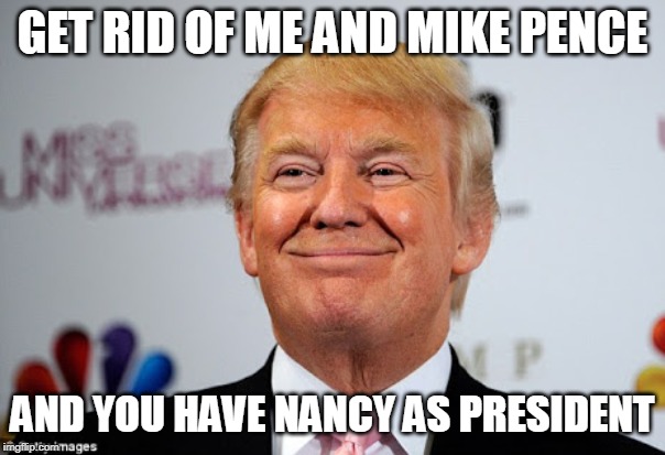 nancy is left | GET RID OF ME AND MIKE PENCE; AND YOU HAVE NANCY AS PRESIDENT | image tagged in donald trump approves,impeachment | made w/ Imgflip meme maker