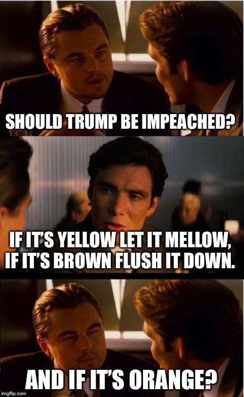 Answer: call a doctor | SHOULD TRUMP BE IMPEACHED? IF IT’S YELLOW LET IT MELLOW, IF IT’S BROWN FLUSH IT DOWN. AND IF IT’S ORANGE? | image tagged in memes,inception | made w/ Imgflip meme maker