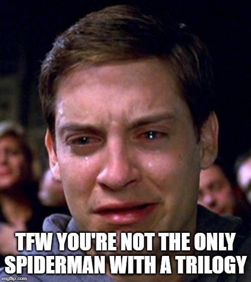 crying peter parker | TFW YOU'RE NOT THE ONLY SPIDERMAN WITH A TRILOGY | image tagged in crying peter parker | made w/ Imgflip meme maker