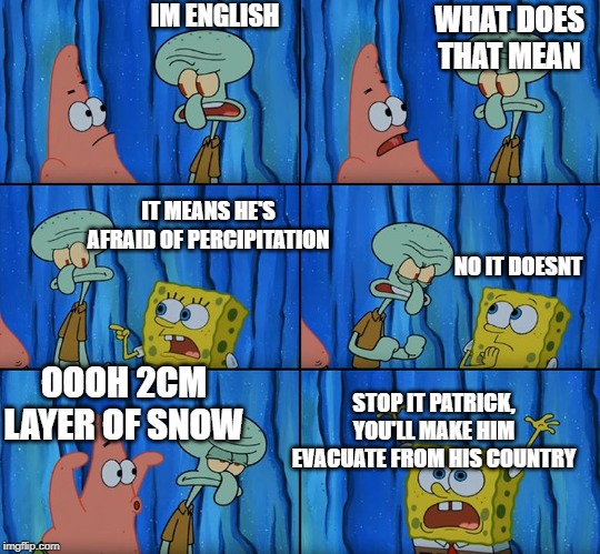 Stop it, Patrick! You're Scaring Him! | WHAT DOES THAT MEAN; IM ENGLISH; IT MEANS HE'S AFRAID OF PERCIPITATION; NO IT DOESNT; OOOH 2CM LAYER OF SNOW; STOP IT PATRICK, YOU'LL MAKE HIM EVACUATE FROM HIS COUNTRY | image tagged in stop it patrick you're scaring him | made w/ Imgflip meme maker