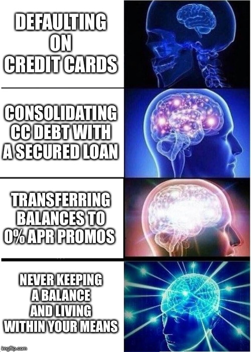 Expanding Brain | DEFAULTING ON CREDIT CARDS; CONSOLIDATING CC DEBT WITH A SECURED LOAN; TRANSFERRING BALANCES TO 0% APR PROMOS; NEVER KEEPING A BALANCE AND LIVING WITHIN YOUR MEANS | image tagged in memes,expanding brain | made w/ Imgflip meme maker
