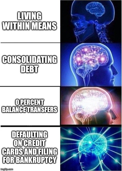 Expanding Brain | LIVING WITHIN MEANS; CONSOLIDATING DEBT; 0 PERCENT BALANCE TRANSFERS; DEFAULTING ON CREDIT CARDS AND FILING FOR BANKRUPTCY | image tagged in memes,expanding brain | made w/ Imgflip meme maker