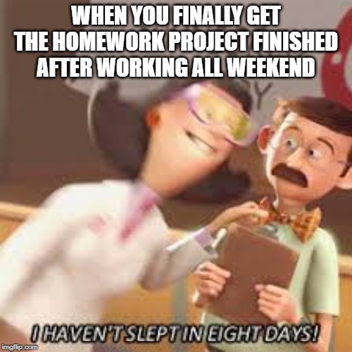 8 Days sleep-deprivation | WHEN YOU FINALLY GET THE HOMEWORK PROJECT FINISHED AFTER WORKING ALL WEEKEND | image tagged in 8 days sleep-deprivation | made w/ Imgflip meme maker