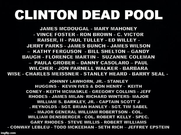 Clinton Dead Pool | JAMES MCDOUGAL - MARY MAHONEY - VINCE FOSTER - RON BROWN - C. VICTOR RAISER, II - PAUL TULLEY - ED WILLEY - JERRY PARKS - JAMES BUNCH - JAMES WILSON –  KATHY FERGUSON  - BILL SHELTON – GANDY BAUGH - FLORENCE MARTIN -  SUZANNE COLEMAN –  PAULA GROBER – DANNY CASOLARO – PAUL WILCHER - JON PARNELL WALKER - BARBARA WISE - CHARLES MEISSNER - STANLEY HEARD - BARRY SEAL -; CLINTON DEAD POOL; JOHNNY LAWHORN, JR. - STANLEY HUGGINS -  KEVIN IVES & DON HENRY -  KEITH CONEY - KEITH MCMASKLE - GREGORY COLLINS - JEFF RHODES - JAMES MILAN- RICHARD WINTERS- MAJOR WILLIAM S. BARKLEY, JR. - CAPTAIN SCOTT J . REYNOLDS - SGT. BRIAN HANLEY - SGT. TIM SABEL - MAJOR GENERAL WILLIAM ROBERTSON - COL. WILLIAM DENSBERGER - COL. ROBERT KELLY - SPEC. GARY RHODES - STEVE WILLIS - ROBERT WILLIAMS - CONWAY LEBLEU - TODD MCKEEHAN - SETH RICH – JEFFREY EPSTEIN | image tagged in clinton dead pool,hillary clinton,liberals,murder victims | made w/ Imgflip meme maker