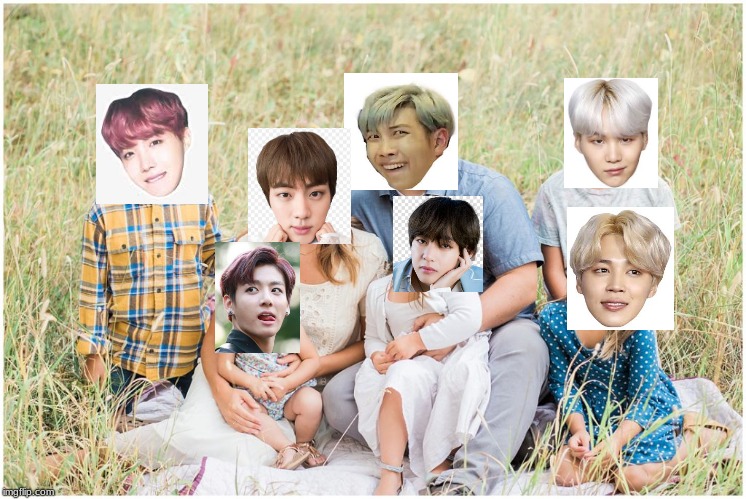 Appa Namjoon and Eomma Jin with their 5 kids. | image tagged in family of 7,kpop,kpop fans be like,bts,bangtan boys,bangtan | made w/ Imgflip meme maker