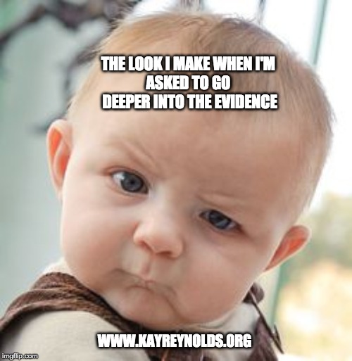 Skeptical Baby Meme | THE LOOK I MAKE WHEN I'M 
ASKED TO GO 
DEEPER INTO THE EVIDENCE; WWW.KAYREYNOLDS.ORG | image tagged in memes,skeptical baby | made w/ Imgflip meme maker