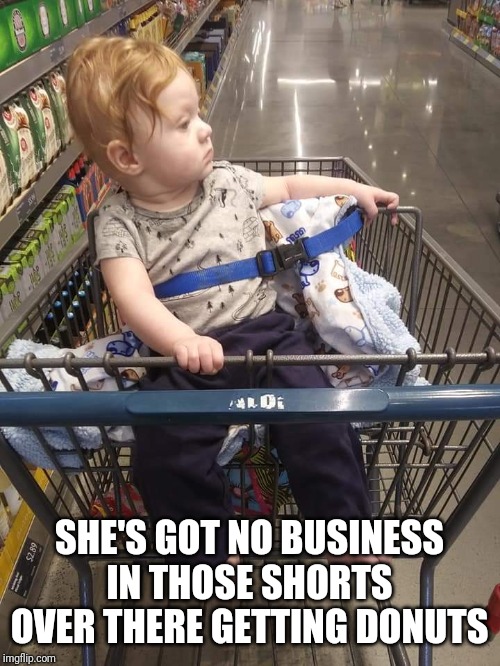 Cart baby | SHE'S GOT NO BUSINESS IN THOSE SHORTS OVER THERE GETTING DONUTS | image tagged in cart baby,donuts,groceries,grocery store,funny,funny baby | made w/ Imgflip meme maker