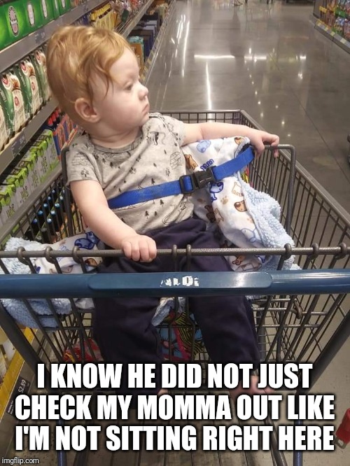 Cart baby | I KNOW HE DID NOT JUST CHECK MY MOMMA OUT LIKE I'M NOT SITTING RIGHT HERE | image tagged in cart baby | made w/ Imgflip meme maker
