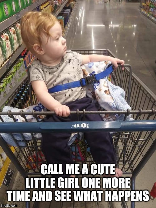 Cart baby | CALL ME A CUTE LITTLE GIRL ONE MORE TIME AND SEE WHAT HAPPENS | image tagged in cart baby | made w/ Imgflip meme maker