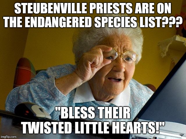 Grandma Finds The Internet | STEUBENVILLE PRIESTS ARE ON THE ENDANGERED SPECIES LIST??? "BLESS THEIR TWISTED LITTLE HEARTS!" | image tagged in memes | made w/ Imgflip meme maker