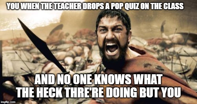 Sparta Leonidas Meme | YOU WHEN THE TEACHER DROPS A POP QUIZ ON THE CLASS; AND NO ONE KNOWS WHAT THE HECK THRE'RE DOING BUT YOU | image tagged in memes,sparta leonidas | made w/ Imgflip meme maker