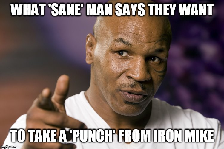 Mike Tyson  | WHAT 'SANE' MAN SAYS THEY WANT; TO TAKE A 'PUNCH' FROM IRON MIKE | image tagged in mike tyson | made w/ Imgflip meme maker