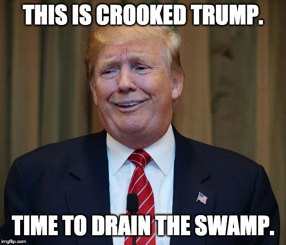 trump goofy face | THIS IS CROOKED TRUMP. TIME TO DRAIN THE SWAMP. | image tagged in trump goofy face | made w/ Imgflip meme maker