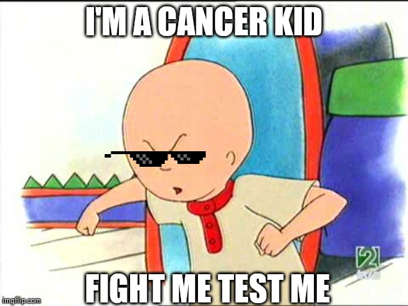 Angry caillou | I'M A CANCER KID; FIGHT ME TEST ME | image tagged in angry caillou | made w/ Imgflip meme maker