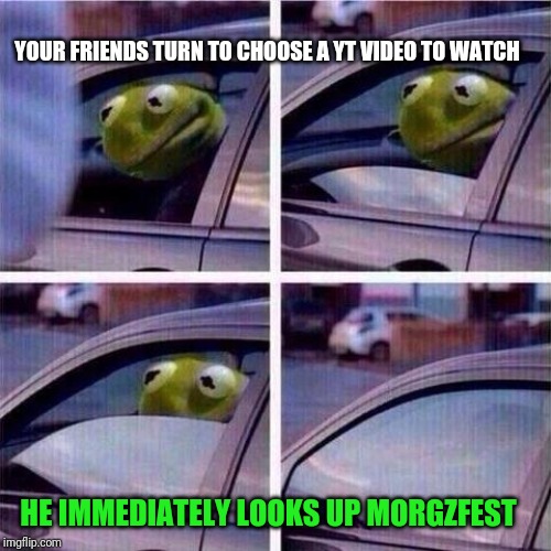 Kermit window roll up | YOUR FRIENDS TURN TO CHOOSE A YT VIDEO TO WATCH; HE IMMEDIATELY LOOKS UP MORGZFEST | image tagged in kermit window roll up | made w/ Imgflip meme maker