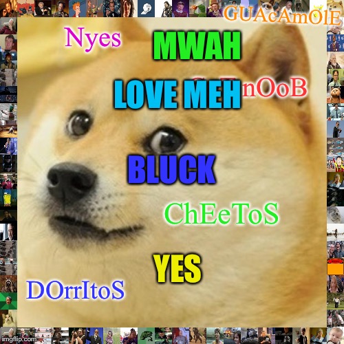 Doge Meme | GUAcAmOlE; MWAH; Nyes; LOVE MEH; GeT nOoB; BLUCK; ChEeToS; YES; DOrrItoS | image tagged in memes,doge | made w/ Imgflip meme maker