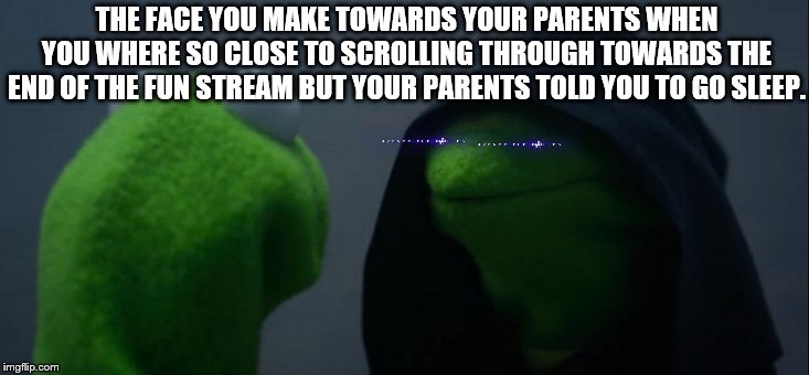 Evil Kermit | THE FACE YOU MAKE TOWARDS YOUR PARENTS WHEN YOU WHERE SO CLOSE TO SCROLLING THROUGH TOWARDS THE END OF THE FUN STREAM BUT YOUR PARENTS TOLD YOU TO GO SLEEP. | image tagged in memes,evil kermit | made w/ Imgflip meme maker