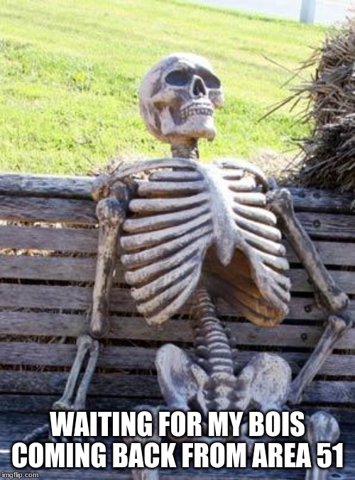 Waiting Skeleton | WAITING FOR MY BOIS COMING BACK FROM AREA 51 | image tagged in memes,waiting skeleton | made w/ Imgflip meme maker