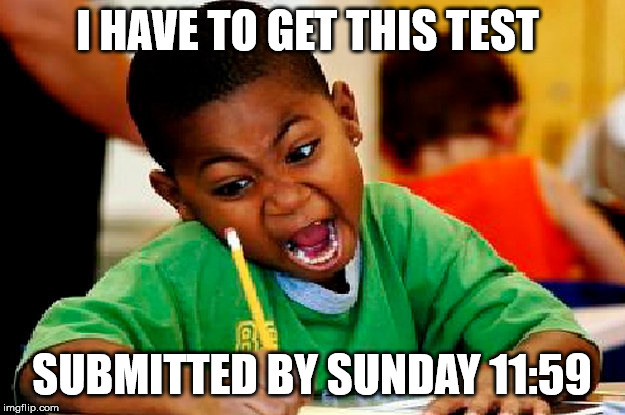 homework | I HAVE TO GET THIS TEST; SUBMITTED BY SUNDAY 11:59 | image tagged in homework | made w/ Imgflip meme maker