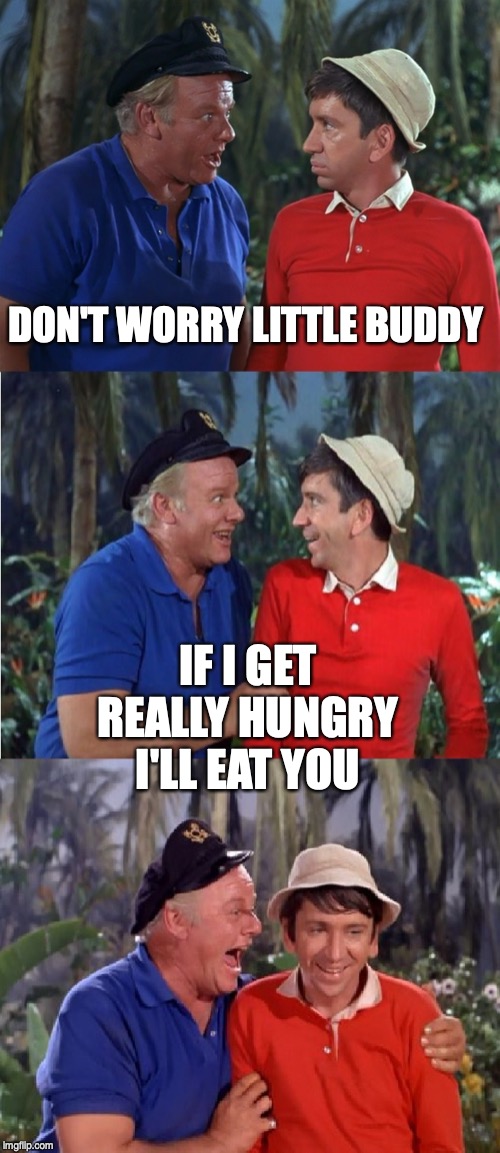 Gilligan Bad Pun | DON'T WORRY LITTLE BUDDY; IF I GET REALLY HUNGRY I'LL EAT YOU | image tagged in gilligan bad pun | made w/ Imgflip meme maker
