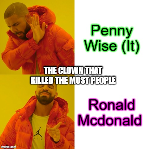 Drake Hotline Bling | Penny Wise (It); THE CLOWN THAT KILLED THE MOST PEOPLE; Ronald Mcdonald | image tagged in memes,drake hotline bling | made w/ Imgflip meme maker