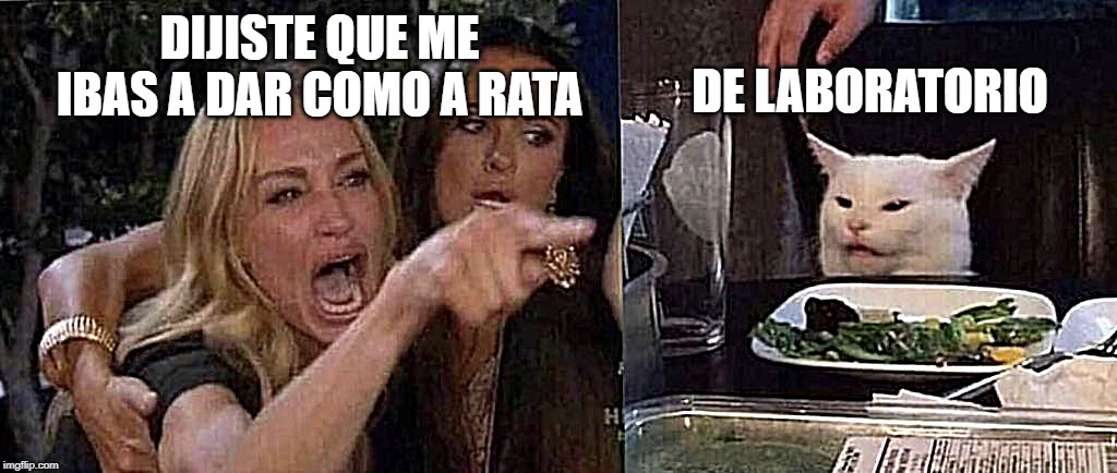 woman yelling at cat | DIJISTE QUE ME IBAS A DAR COMO A RATA; DE LABORATORIO | image tagged in woman yelling at cat | made w/ Imgflip meme maker