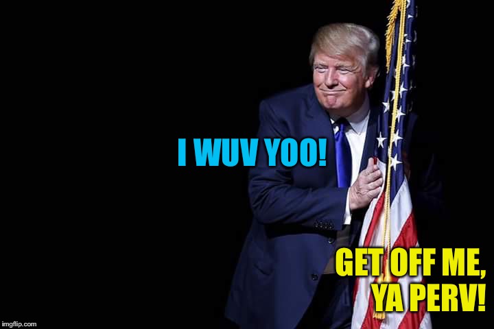 trump flag | I WUV YOO! GET OFF ME,
YA PERV! | image tagged in trump flag | made w/ Imgflip meme maker