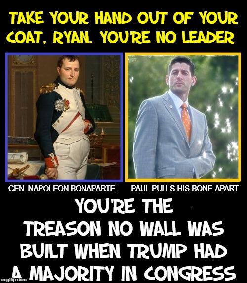 Ryan asked FOX News to Distance itself from Trump | TAKE YOUR HAND OUT OF YOUR COAT, RYAN. YOU'RE NO LEADER; YOU'RE THE TREASON NO WALL WAS BUILT WHEN TRUMP HAD A MAJORITY IN CONGRESS; GEN. NAPOLEON BONAPARTE        PAUL PULLS-HIS-BONE-APART | image tagged in vince vance,paul ryan,napoleon bonaparte,build the wall,the majority,rino | made w/ Imgflip meme maker