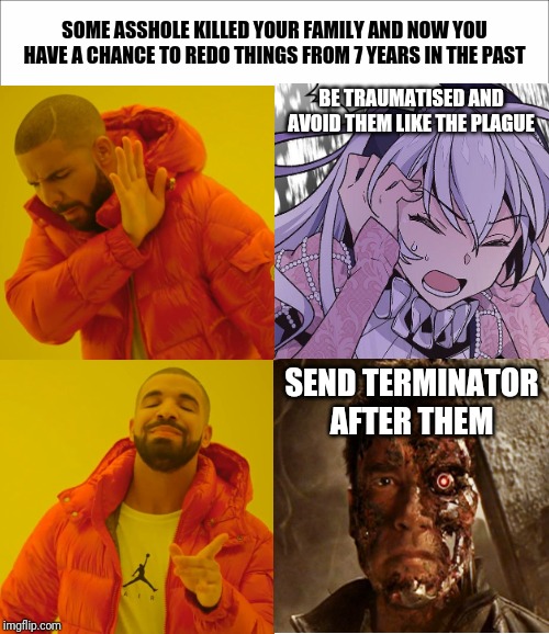 Terminator for hire | SOME ASSHOLE KILLED YOUR FAMILY AND NOW YOU HAVE A CHANCE TO REDO THINGS FROM 7 YEARS IN THE PAST; BE TRAUMATISED AND AVOID THEM LIKE THE PLAGUE; SEND TERMINATOR AFTER THEM | image tagged in memes,drake hotline bling,terminator,manhwa,spoilers,the abandoned empress | made w/ Imgflip meme maker