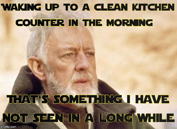 Why is the kitchen counter ALWAYS a mess when I wake up? | image tagged in memes,obi wan kenobi,family,so true memes,so true,relatable | made w/ Imgflip meme maker