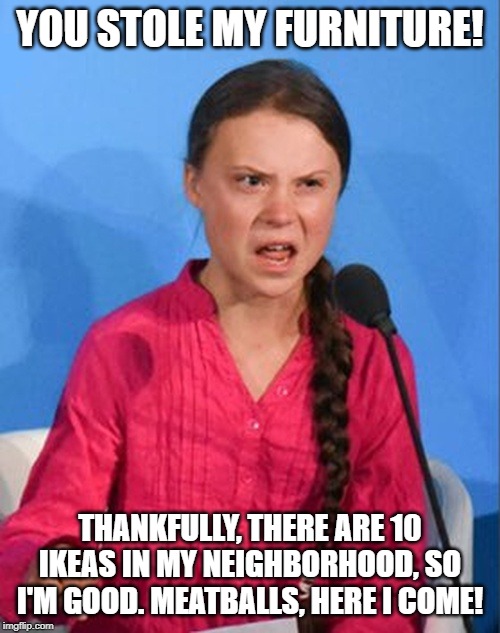 Greta Thunberg how dare you | YOU STOLE MY FURNITURE! THANKFULLY, THERE ARE 10 IKEAS IN MY NEIGHBORHOOD, SO I'M GOOD. MEATBALLS, HERE I COME! | image tagged in greta thunberg how dare you | made w/ Imgflip meme maker