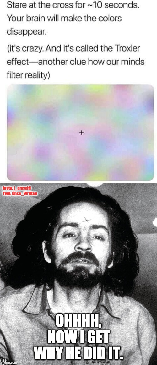 The Manson Effect | Insta: i_amscifi
Twit: Once_Written; OHHHH, NOW I GET WHY HE DID IT. | image tagged in charles manson,troxler effect,colors,memes | made w/ Imgflip meme maker