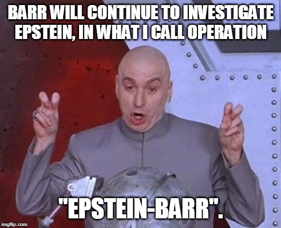 Dr Evil Laser | BARR WILL CONTINUE TO INVESTIGATE EPSTEIN, IN WHAT I CALL OPERATION; "EPSTEIN-BARR". | image tagged in memes,dr evil laser | made w/ Imgflip meme maker