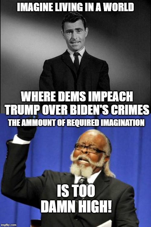 It's Unbelievable, but True! | IMAGINE LIVING IN A WORLD; WHERE DEMS IMPEACH TRUMP OVER BIDEN'S CRIMES; THE AMMOUNT OF REQUIRED IMAGINATION; IS TOO DAMN HIGH! | image tagged in memes,too damn high,rod serling twilight zone | made w/ Imgflip meme maker