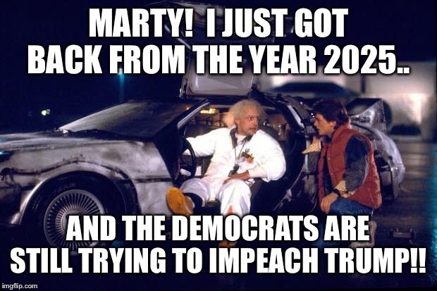 Anyone out there not sick of the democrats yet? | MARTY!  I JUST GOT BACK FROM THE YEAR 2025.. AND THE DEMOCRATS ARE STILL TRYING TO IMPEACH TRUMP!! | image tagged in maga | made w/ Imgflip meme maker