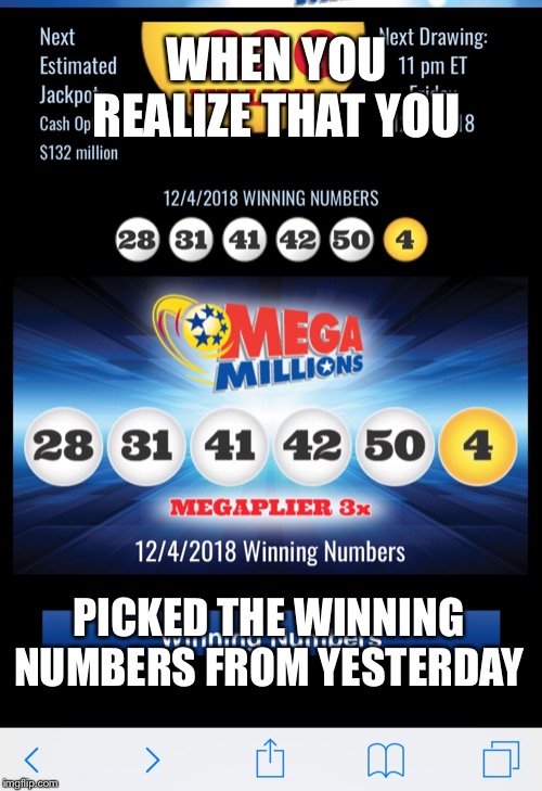 WHEN YOU REALIZE THAT YOU; PICKED THE WINNING NUMBERS FROM YESTERDAY | image tagged in the next day,lottery | made w/ Imgflip meme maker