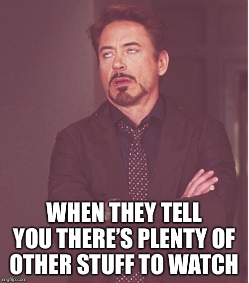 Face You Make Robert Downey Jr Meme | WHEN THEY TELL YOU THERE’S PLENTY OF OTHER STUFF TO WATCH | image tagged in memes,face you make robert downey jr | made w/ Imgflip meme maker