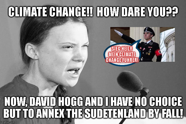 CLIMATE CHANGE!!  HOW DARE YOU?? SIEG HEIL!!
MEIN CLIMATE
CHANGE FUHRER! NOW, DAVID HOGG AND I HAVE NO CHOICE
BUT TO ANNEX THE SUDETENLAND BY FALL! | made w/ Imgflip meme maker