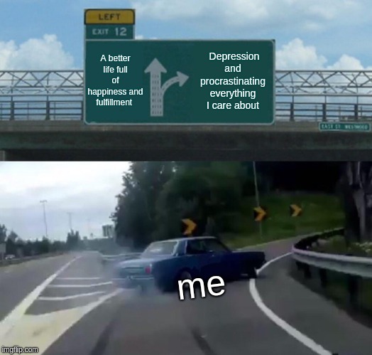 Left Exit 12 Off Ramp Meme | A better life full of happiness and fulfillment; Depression and procrastinating everything I care about; me | image tagged in memes,left exit 12 off ramp | made w/ Imgflip meme maker