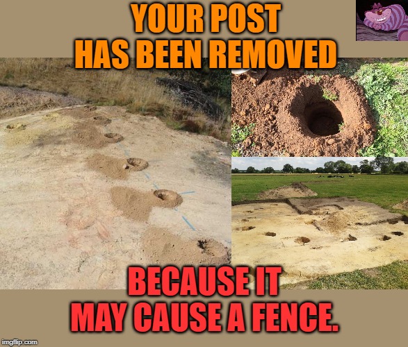Is this what the Facebook means. | YOUR POST HAS BEEN REMOVED; BECAUSE IT MAY CAUSE A FENCE. | image tagged in postholes | made w/ Imgflip meme maker