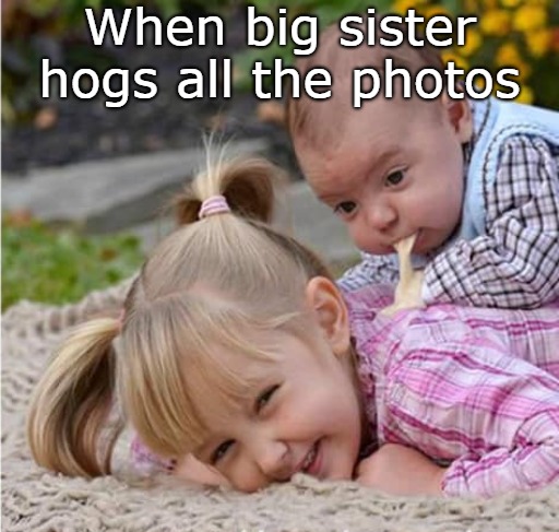 When big sister hogs all the photos | image tagged in photo hog,big sister,funny | made w/ Imgflip meme maker