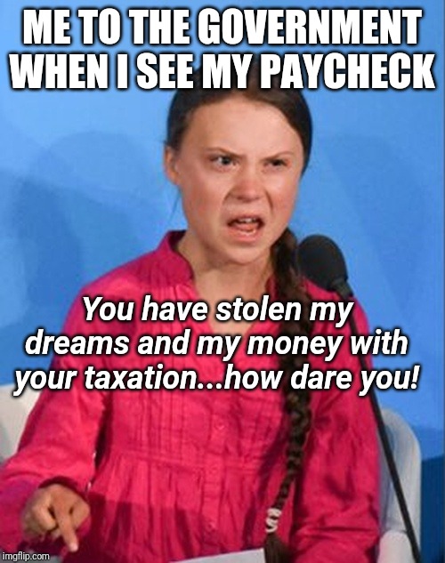Greta Thunberg how dare you | ME TO THE GOVERNMENT WHEN I SEE MY PAYCHECK; You have stolen my dreams and my money with your taxation...how dare you! | image tagged in greta thunberg how dare you,taxation is theft | made w/ Imgflip meme maker