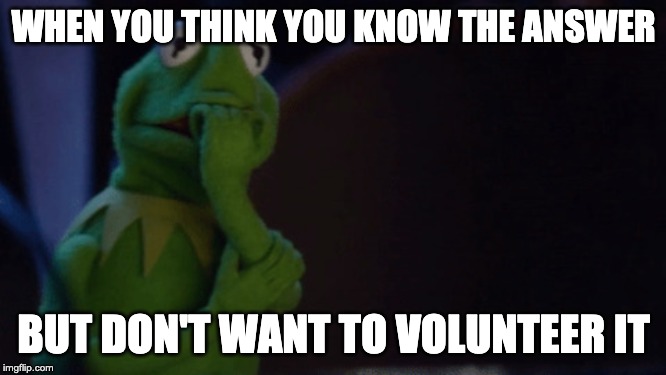 Nervous Kermit | WHEN YOU THINK YOU KNOW THE ANSWER; BUT DON'T WANT TO VOLUNTEER IT | image tagged in nervous kermit | made w/ Imgflip meme maker