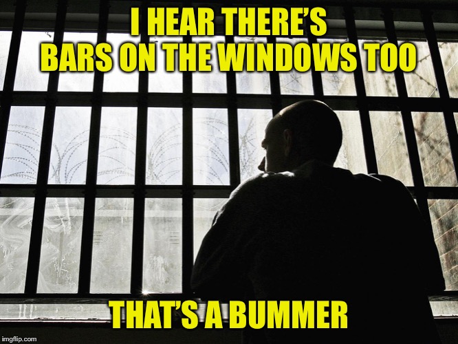 Prison window | I HEAR THERE’S BARS ON THE WINDOWS TOO THAT’S A BUMMER | image tagged in prison window | made w/ Imgflip meme maker