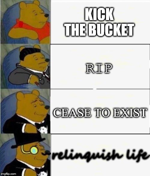 Tuxedo Winnie the Pooh 4 panel | KICK THE BUCKET; RIP; CEASE TO EXIST; relinquish life | image tagged in tuxedo winnie the pooh 4 panel | made w/ Imgflip meme maker